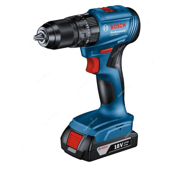 Bosch Professional Cordless Combi Drill With 2Pcs 2.0AH Battery and Charger, GSB-185-LI, 18V, 1.5-13MM Chuck Capacity