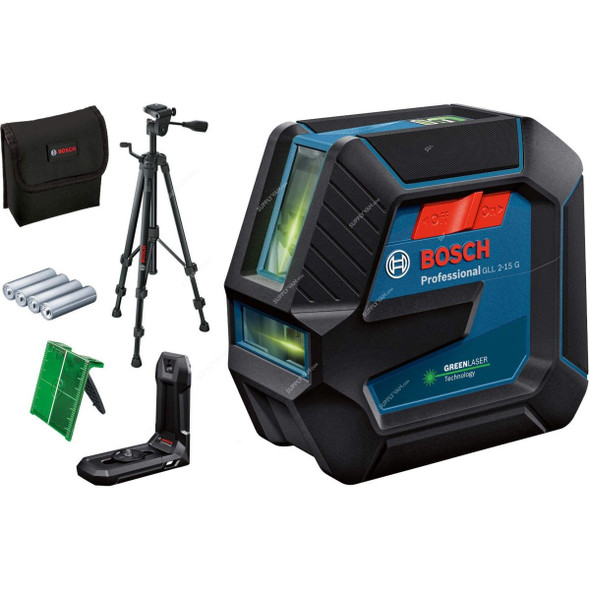 Bosch Professional 2 Line Laser Level With 4Pcs AA Battery and Universal Mount, GLL-2-15-G, 1.5V, 15 Mtrs, Green