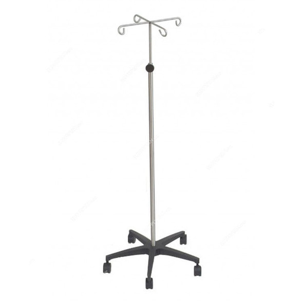 IV Stand With 4 Hooks, DW-15D, Stainless Steel, Silver/Black