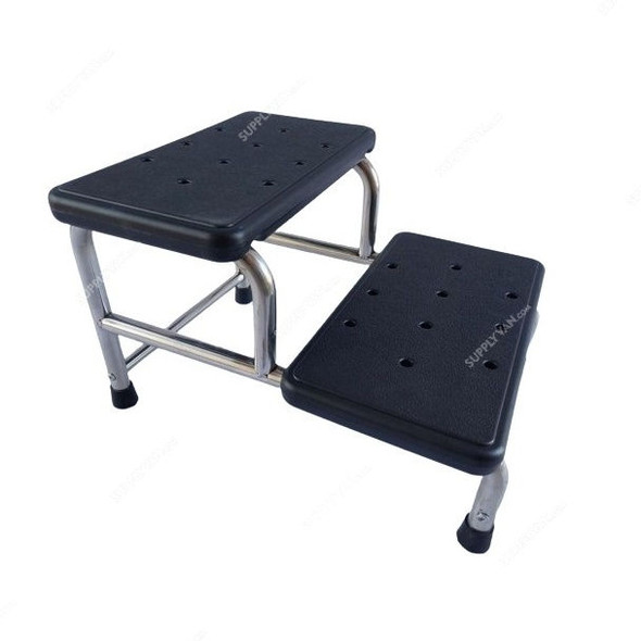 Medical Double Step Stool, DW-SS02, Stainless Steel/Rubber, Silver/Black