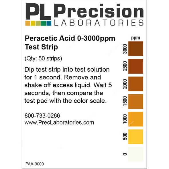 Precision Peracetic Acid Test Strip, PAA-3000-1V-50, 0 to 3000 PPM, 50 Strips/Pack