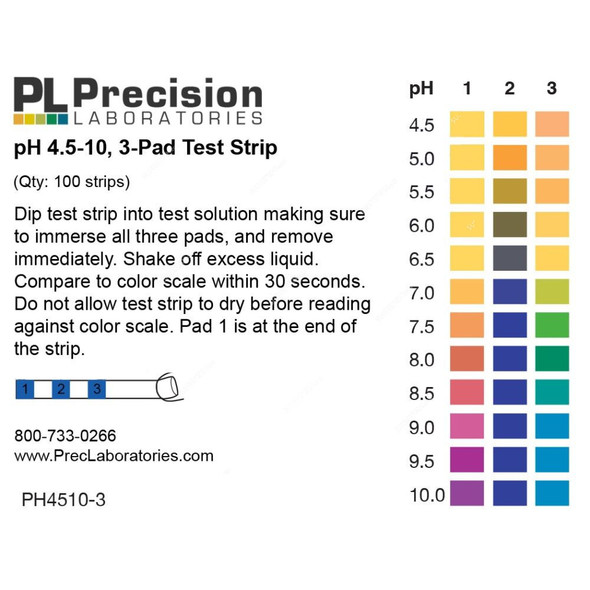 Precision 3-Pad Test Strip, PH4510-3-1V-100, 4.5 to 10 pH, 100 Strips/Pack