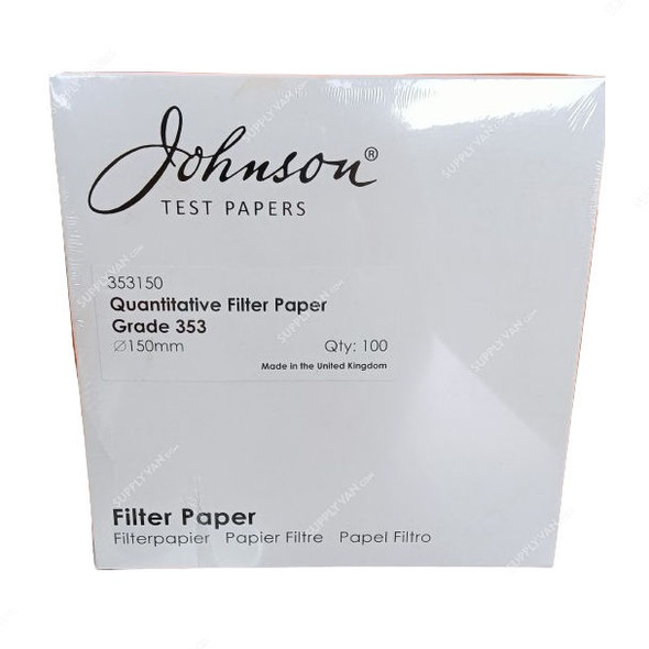 Johnson Ashless Qualitative Filter Paper, 353150, Cellulose, Grade 353, 0.25MM Thk x 150MM Dia, White, 100 Pcs/Pack