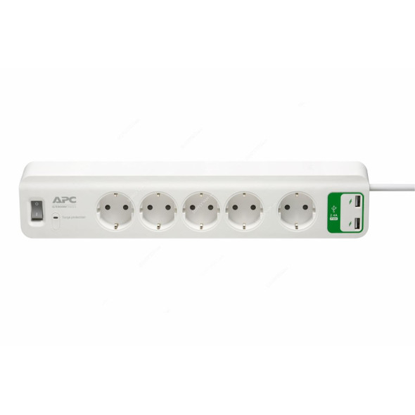 Schneider Electric Home/Office SurgeArrest Power Strip With 2 USB Port, APC Essential, 5 Outlets, 2300W, 10A, White