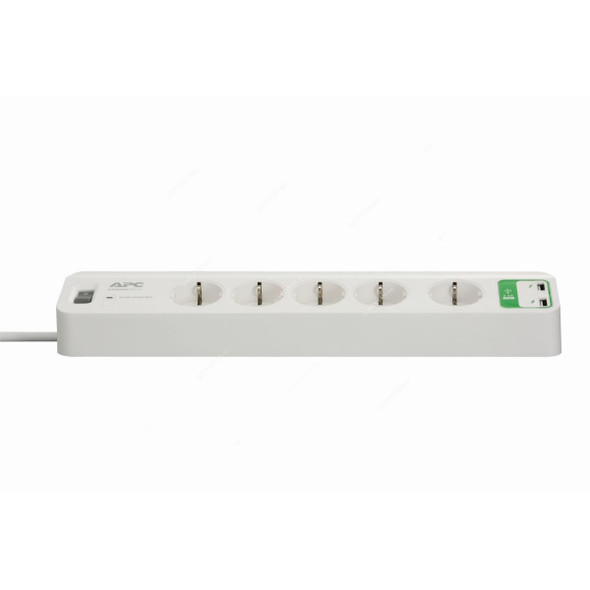 Schneider Electric Home/Office SurgeArrest Power Strip With 2 USB Port, APC Essential, 5 Outlets, 2300W, 10A, White