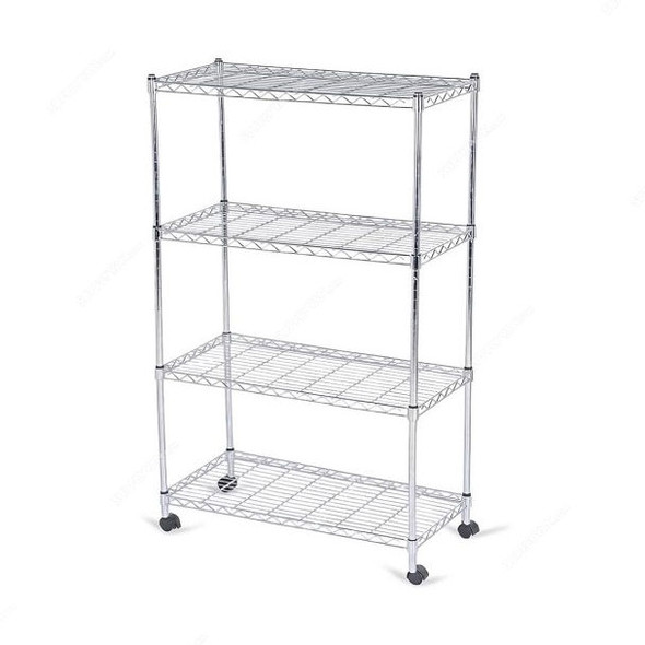 4-Tier Wire Shelf Rack With Wheels, Chrome Coated Steel, 300 Kg Loading Capacity