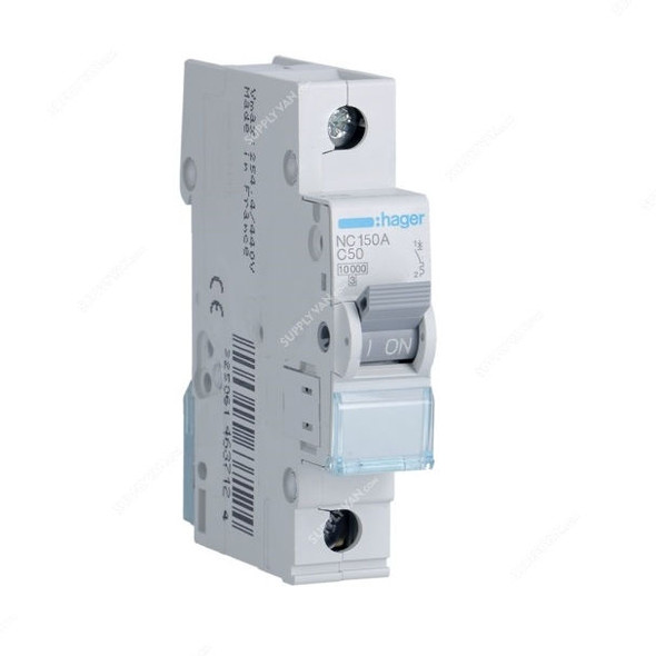 Hager Miniature Circuit Breaker, NC150A, 1P, Curve C, 10 kA, 50A