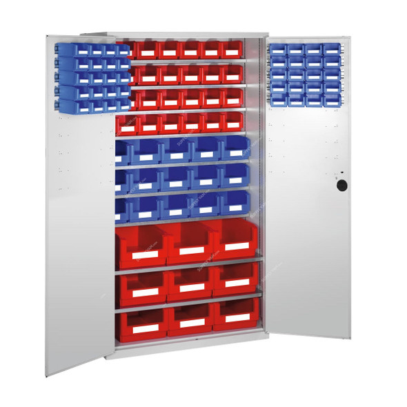 Bito Double Door Cabinet With 92 Pcs Storage Bin, 13-20462, Galvanised Steel, 9 Shelves, 70 Kg Shelf Capacity, Light Grey
