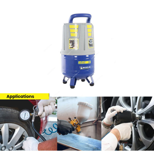 Michelin Vertical Air Compressor With 7Pcs Air Tool Kit, MVX24plusKIT-7, 1100W, Single Phase, 8 Bar, 24 Ltrs Tank Capacity Michelin Vertical Air Compressor With 7Pcs Air Tool Kit, MVX24plusKIT-7, 1100W, Single Phase, 8 Bar, 24 Ltrs Tank Capacity