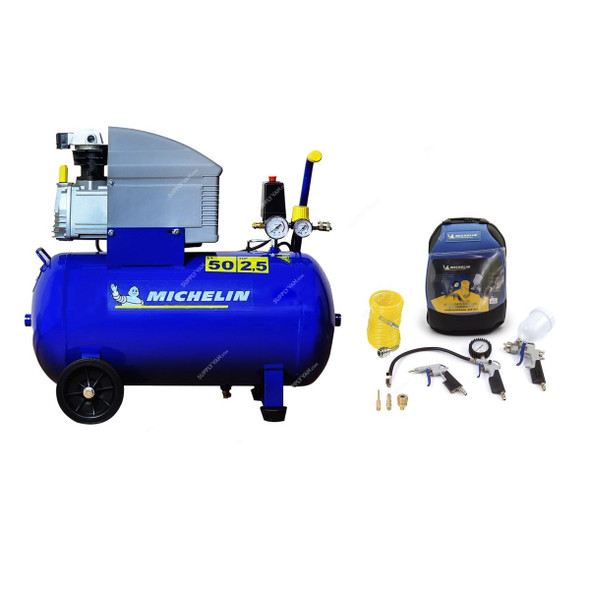 Michelin Professional Air Compressor With 7Pcs Air Tool Kit, MB5025plusKIT-7, 1800W, Single Phase, 8 Bar, 50 Ltrs Tank Capacity