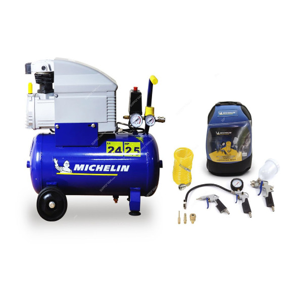 Michelin Professional Air Compressor With 7Pcs Air Tool Kit, MB2425plusKIT-7, 1800W, Single Phase, 8 Bar, 24 Ltrs Tank Capacity