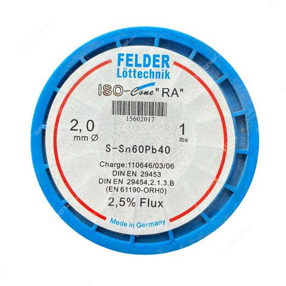 Felder Soft Soldering Wire, 18402027, Iso-Core RA, 2MM Dia, 454GM