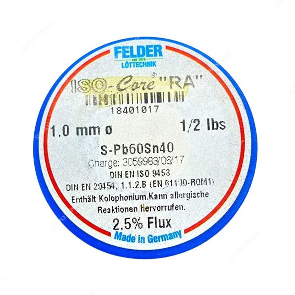 Felder Soft Soldering Wire, 18401017, Iso-Core RA, 1MM Dia, 227GM