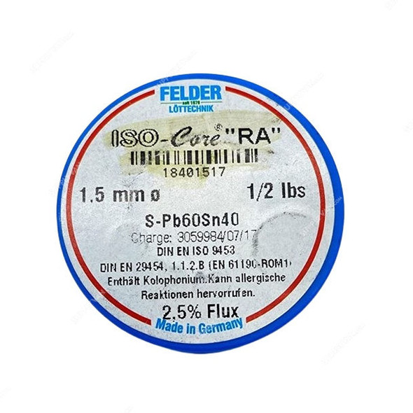 Felder Soft Soldering Wire, 18401517, Iso-Core RA, 1.5MM Dia, 227GM