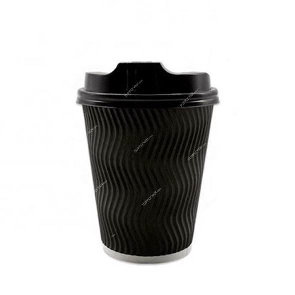 BYFT Disposable Ripple Wall Cup With Lid, Paper, 530 GSM, 8 Oz, Black, 25 Pcs/Pack