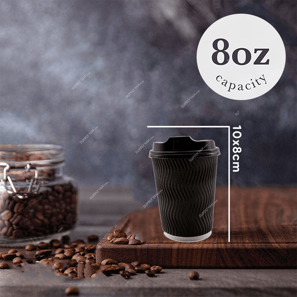 BYFT Disposable Ripple Wall Cup With Lid, Paper, 530 GSM, 8 Oz, Black, 25 Pcs/Pack