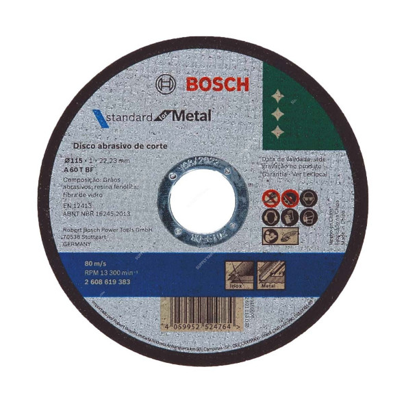 Bosch Standard Metal Cutting Disc, 2608619383, 1MM Thk, 22.23MM Bore Dia x 115MM Disc Dia