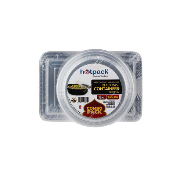 Hotpack Black Base Food Container With Lid, PPBBRE32RO16HP, Polypropylene, Black, 10 Pcs/Set