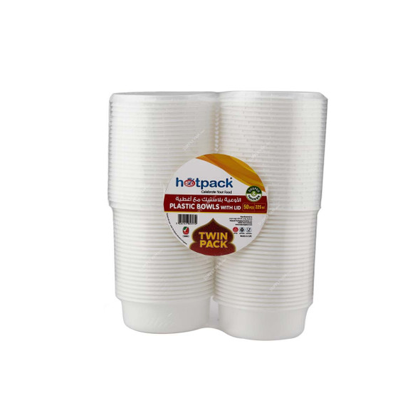 Hotpack Disposable Bowl With Lid Twin Pack, PPH225CX2, Plastic, 225ML, White, 50 Pcs/Pack