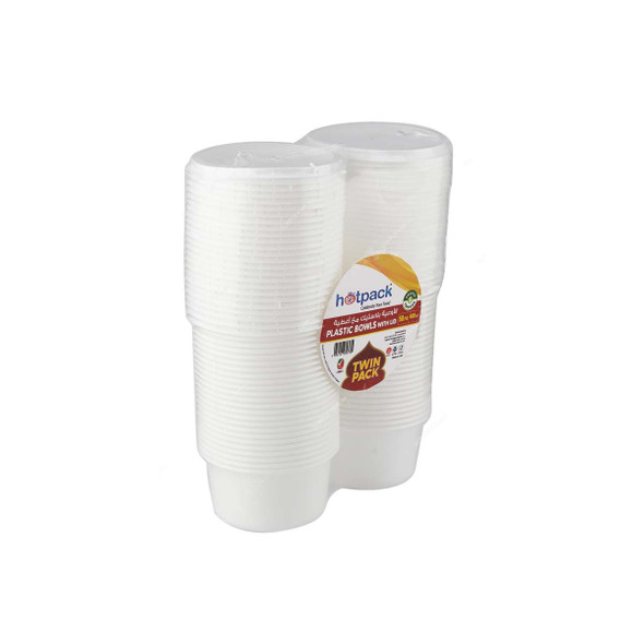 Hotpack Disposable Bowl With Lid Twin Pack, PPH400CX2, Plastic, 400ML, White, 50 Pcs/Pack