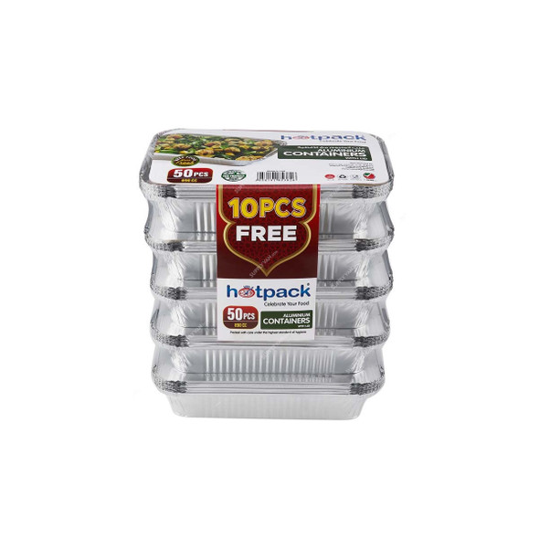 Hotpack Disposable Aluminium Container With Lid, PP8389CX50, Rectangular, 890CC, Silver, 50 Pcs/Pack