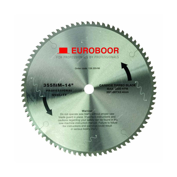Euroboor Saw Blade, 130-355-80, TCT, 25.4MM Bore Dia x 355MM Blade Dia, 80T