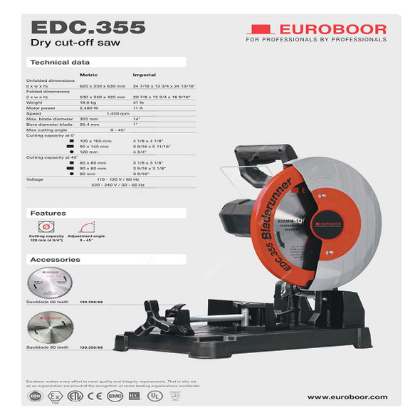 Euroboor Dry Cut-Off Saw, EDC.355, 2480W, 220-240V, 355MM Blade Dia