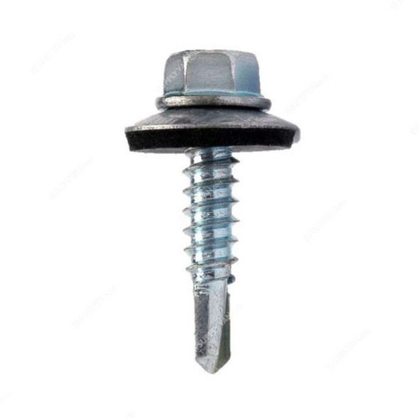 Self Drilling Screw With Bonded Washer, Zinc Plated, Slotted Hex Head, M4.8 Thread Dia x 25MM Length, 1000 Pcs/Pack