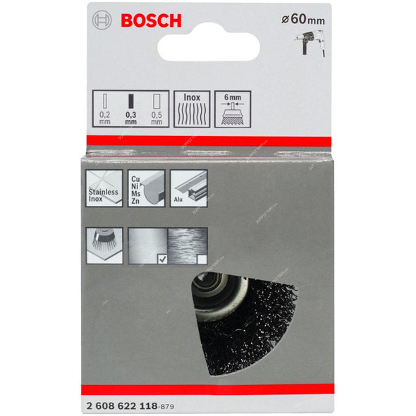 Bosch Crimped Wire Cup Brush, 2608622118, 4500 RPM, 0.30MM Wire Thk x 60MM Dia