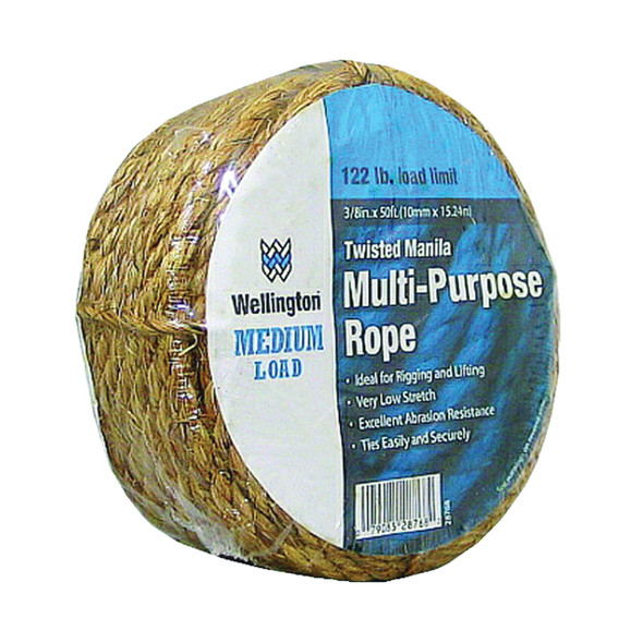 Wellington Cordage 3-Strand Manila Rope, 28768, 3/8 Inch Dia x 50 Feet Length, 22 Lb Loading Capacity, Brown