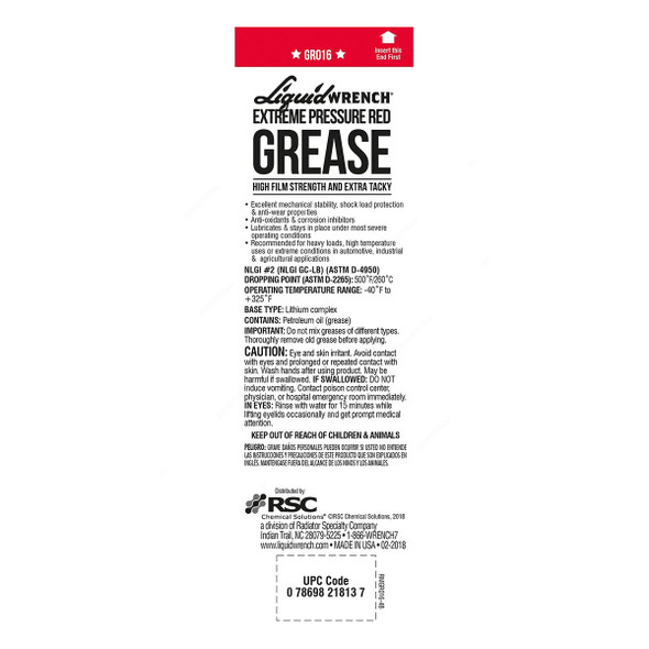 Liquid Wrench Extreme Pressure Red Grease, GR016, 14 Oz