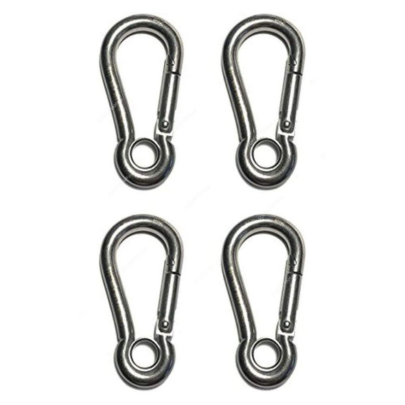Spring Hook Carabiner With Eyelet, 316 Stainless Steel, 3/8 Inch, Silver, 4 Pcs/Pack