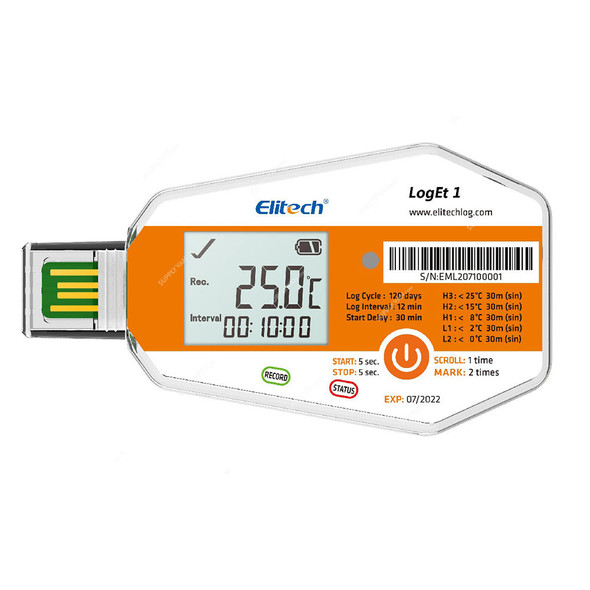 Elitech Disposable Single Use Temperature Data Logger, LogEt-1, LCD, 16000 Points, -30 to 70 Deg.C