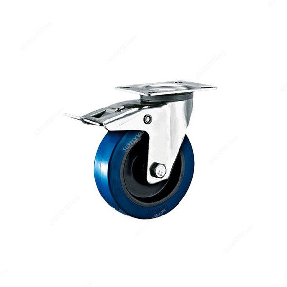 Maxwel Heavy Duty Swivel Wheel Caster With Brake, Elastic Rubber, 16CM Wheel Dia, 280 Kg Loading Capacity, Blue