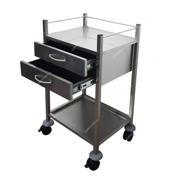 DP Metallic Dressing Trolley With 2 Drawers, Stainless Steel, 2 Shelves, Silver