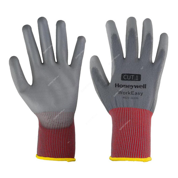 Honeywell Cut Protective Gloves, WE21-3313G-8M, WorkEasy, Cut 1, Polyester, Size8, Dark Grey and Red