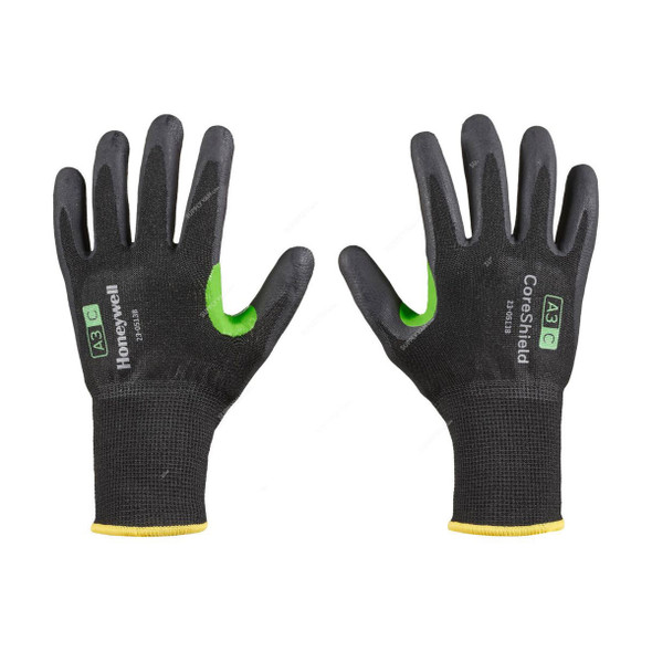 Honeywell Dipped Cut-Resistant Gloves, 23-0513B-8M, CoreShield, A3/C Cut, Nylon, Size8, Black