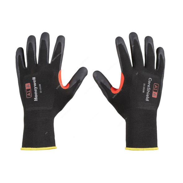 Honeywell Dipped Cut-Resistant Gloves, 21-1515B-9L, CoreShield, A1/A Cut, Nylon, Size9, Black