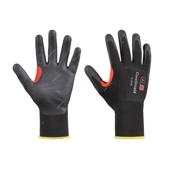 Honeywell Dipped Cut-Resistant Gloves, 21-1515B-8M, CoreShield, A1/A Cut, Nylon, Size8, Black