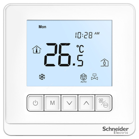 Schneider Electric Fan Coil Thermostat, TC903-3A2L, Spacelogic TC900 Series, 2P, Backlit LCD, 240VAC, 5 to 35 Deg.C, White