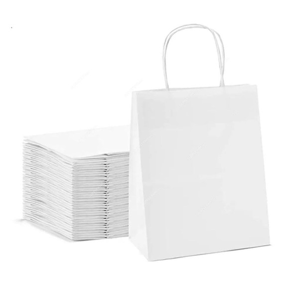 Square Bottom Paper Bag With Handles, 28CM Height x 34CM Width x 15.5CM Depth, White, 200 Pcs/Pack