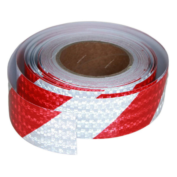Diagonal Fluorescent Reflective Tape, 48MM Width x 25 Mtrs Length, Red/White  -    
