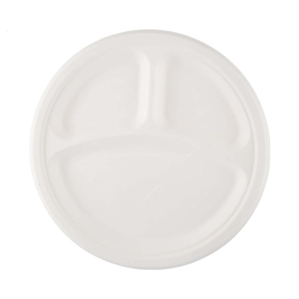 Bio-Degradable 3 Compartment Plate,  Width x  Length, White, 500 Pcs/Pack