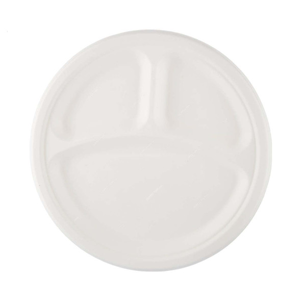 Bio-Degradable 3 Compartment Plate, 10 Inch Dia, White, 500 Pcs/Pack