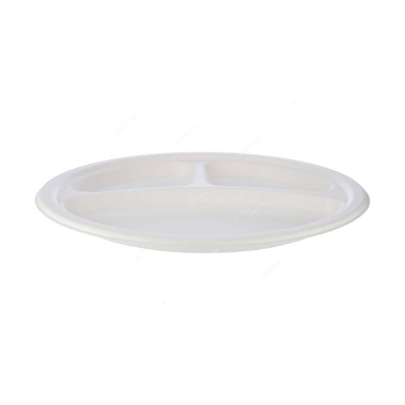 Bio-Degradable 3 Compartment Plate, 10 Inch Dia, White, 500 Pcs/Pack