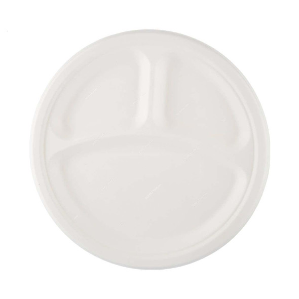 Bio-Degradable 3 Compartment Plate, 10 Inch Dia, White, 500 Pcs/Pack  -    