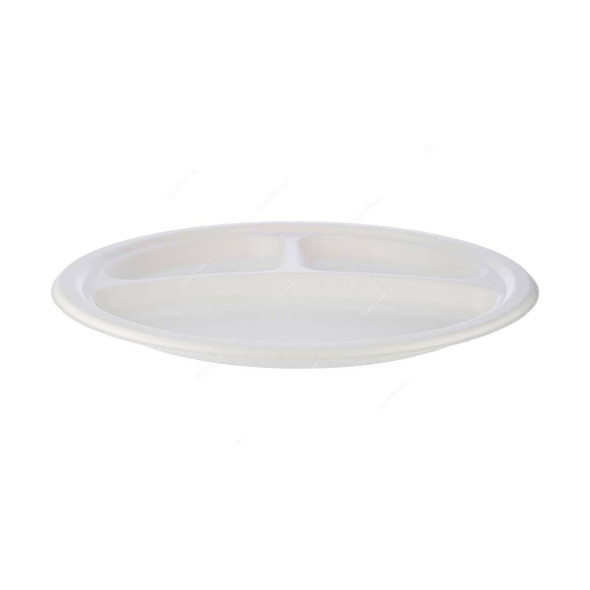 Bio-Degradable 3 Compartment Plate, 10 Inch Dia, White, 500 Pcs/Pack  -    