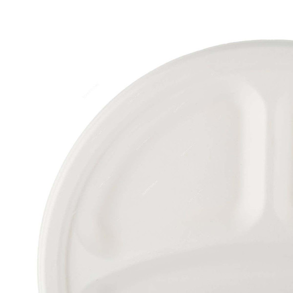 Bio-Degradable 3 Compartment Plate, 10 Inch Dia, White, 500 Pcs/Pack  -    