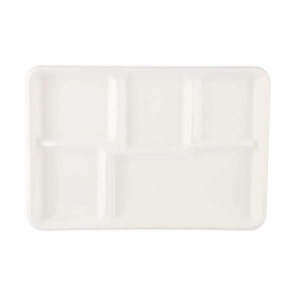 Bio-Degradable 5 Compartment Plate, 8.5 Inch Width x 12.5 Inch Length, White, 500 Pcs/Pack  -    