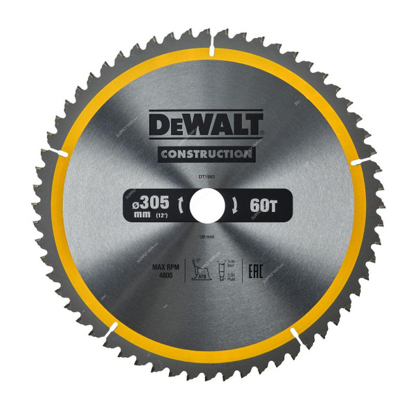 Dewalt Stationary Construction Circular Saw Blade, DT1960-QZ, 30MM Bore Size x 305MM Blade Dia, 60 Teeth  -    